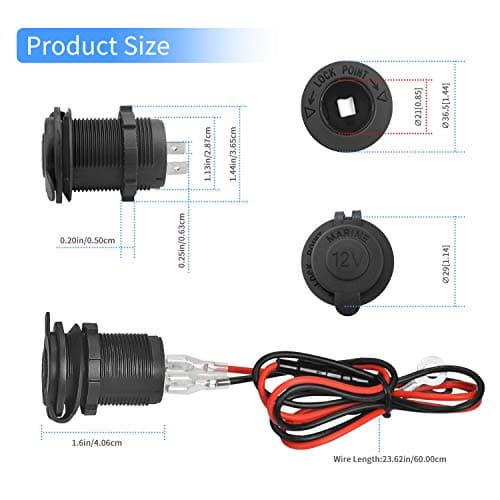 12V Car Cigarette Lighter Socket Waterproof and Dustproof plug socket for Car Truck Motobike Boats Marine ATV, with Fuse & 60cm Cable (Black-1PCS) — view 3