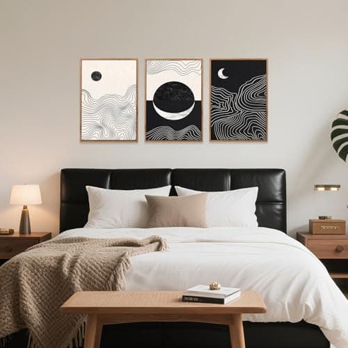 CHDITB Abstract Sun Moon Framed Canvas Art Prints Set(12"x16"), 3 Panels Modern Neutral Black and White Artwork Painting, Large Boho Minimalist Fine Line Wall Art Home Decor for Bedroom Living Room — view 3