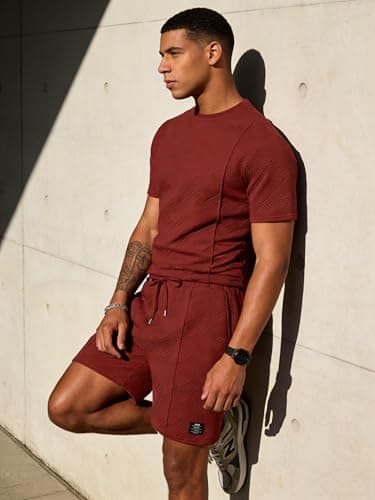UOUA Mens Short Sets 2 Piece Summer Outfits Casual Short Sleeve Crew-Neck Shirts & Shorts Track Suit Jogging Loungewear, Wine Red 2XL — view 2