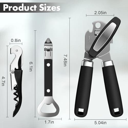 3PCS Can Opener Manual & Bottle Opener & Wine Opener, Smooth Edge Can Openers with Strong Magnet, Heavy Duty Stainless Steel Abrelatas Handheld Waiter Corkscrew - Premium Kitchen Supplies (Black) — view 6