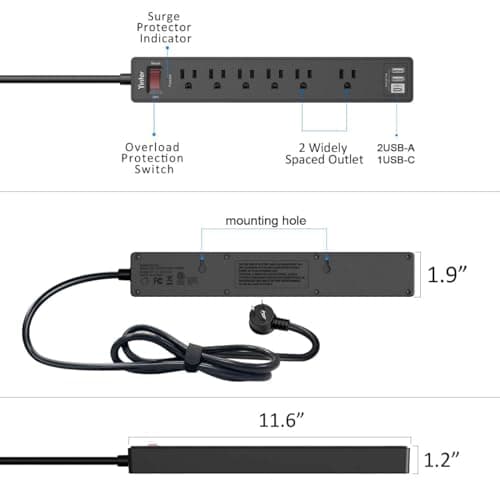 6Ft Power Strip Surge Protector - Yintar Extension Cord with 6 AC Outlets and 3 USB Ports for for Home, Office, Dorm Essentials, 1680 Joules, ETL Listed, (Black) — view 6