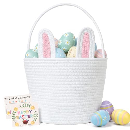 BEIYANA Easter Basket for Kids, Cute Bunny Easter Basket with Removable Ears & Writable Name Tag, Personalized Cotton Rope Woven Empty Easter Basket, First Easter Gift for Toddlers Boys Girls (Pink)