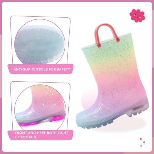 EUXTERPA Kids Toddler Light Up Rain Boots Girls Waterproof Patterns and Glitter Boots with Easy On Handles, Pink Gradient, Toddler Size 7 — view 3