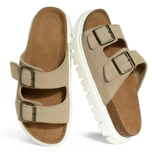 Hofeny Platform Sandals for Women – Genuine Leather Chunky Wedge Slides with Cork Footbed, Arch Support Comfortable Summer Sandals 2026 Sand Size 8