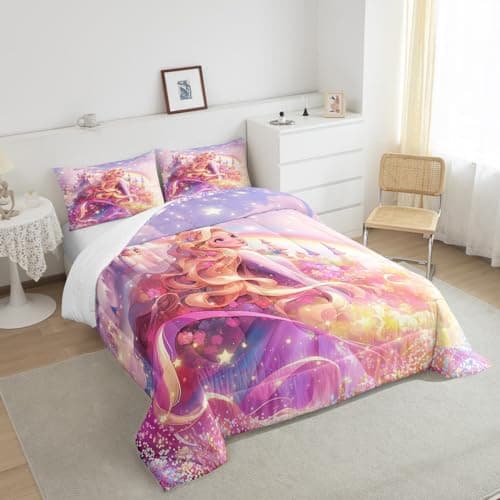 Princess Comforter Set for Boys Girls,Fairy Tale Dreamy Castle All Season Cozy Bedding Set Full Size,Watercolor Flowers Rainbow Starry Fantasy Girly Duvet Set Bedroom Decor — view 3
