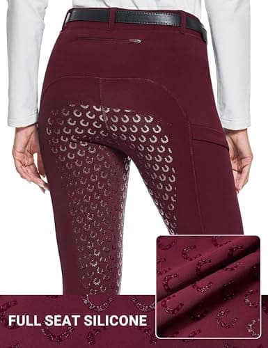 FitsT4 Sports Women's Winter Horse Riding Pants with Zipper Pockets Full Seat Riding Tights Fleece Lined Equestrian Breeches Burgundy XS — view 3