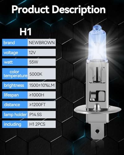 NEWBROWN H1 Headlight Bulb H1 Halogen Headlight Bulb 5000K Super White Light Long Life Replacement P14.5S 12V/55W (H1, 2 Pack) — view 4
