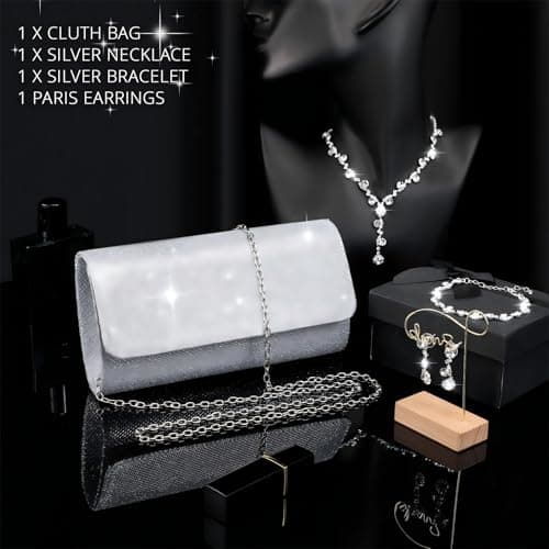 Meanplan 4 Pcs Silver Clutch Purse Jewelry Set for Women Rave Accessories Evening Rhinestone Purse Silver for Bride Wedding(Elegant Style) — view 6