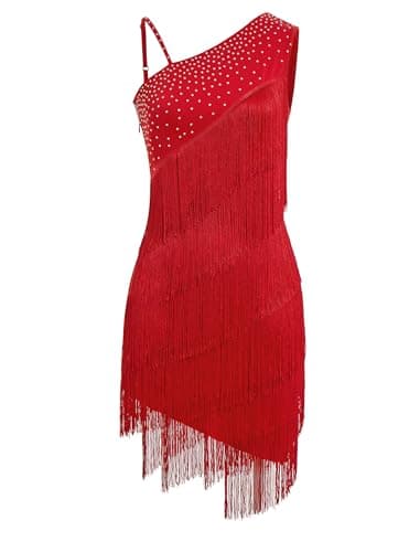 Women One Shoulder Fringe Latin Dance Dress Rhinestone Jazz Salsa Tassel Rave Costume Flapper Ballroom Dance Outfits, Red, Small