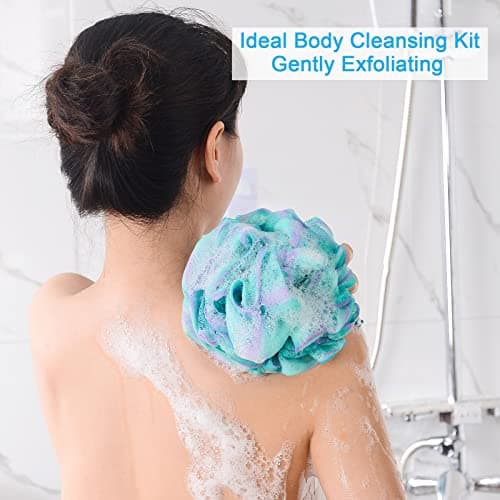AmazerBath Loofah Sponge 75g/Piece, Exfoliating Bath Sponge Body Scrubber - Loofa Set of 4 Flower Color (Large, Green-Purple) — view 2