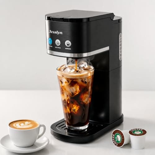 Jesslyn Single Serve Hot and Iced Coffee Maker, Compatible with Multiple Coffee Pods & Ground, Fits Tall Mugs, Over Ice & Strong Brew Function, for Home Office Travel RV Dorm, Classic GREY