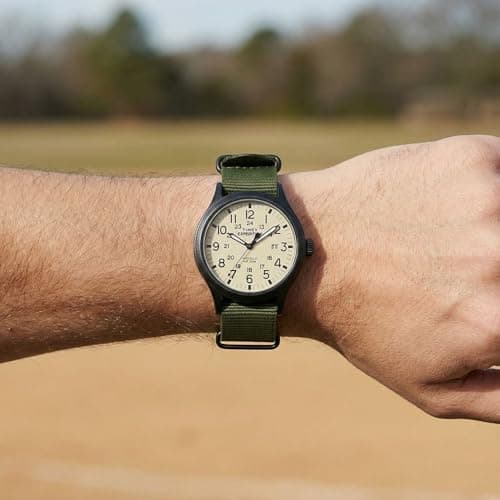 Timex Men's Expedition Scout 40mm Watch – Black Case Cream Dial with Green Fabric Strap — view 3