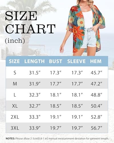 ADOREJOY Women's Tops Summer Kimono Cardigan Floral Print Puff Sleeve Swimsuit Cover Up Casual Loose Fit Blouse (White,XL) — view 5