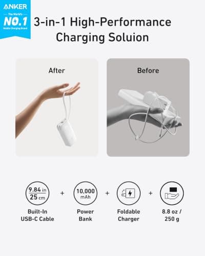 Anker Nano 3-in-1 Portable iPhone Charger, 10,000mAh Power Bank with Built-in USB-C Cable and Foldable Wall Plug, 30W Max Battery Pack, Travel Essentials for iPhone 17/16/15 Series, Galaxy, MacBook