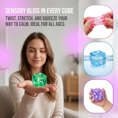 4 Pack Glitter Ice Cube Squishy, Slow Rising Stress Relief Toys, Square Stree Balls Fidget Toys for Adults Boys Girls, Squeeze Ball Sensory Toys for Kids with Autism, Party Favors Gifts — view 5