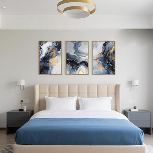 HPNIUB Navy Blue and Gold Framed Canvas Wall Art Set,Mid-Century Modern Abstract Wall Decor,Navy Blue Ink Wash Painting,Neutral Art Print for Living Room,Bedroom,Dining Room,Office - 24"x36"x3 — view 4