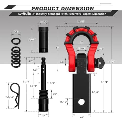 AUTMATCH Shackle Hitch Receiver 2" with 3/4" Mega D Ring Shackle and 5/8" Trailer Hitch Lock Pin, 68,000 Lbs Break Strength Heavy Duty Receiver Towing Kit for Off-Road Vehicle Recovery, Black & Red — view 2