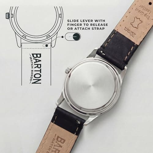 BARTON WATCH BANDS Quick Release Top Grain Leather Watch Band Strap, Black Leather/Black Stitching, 22mm — view 4