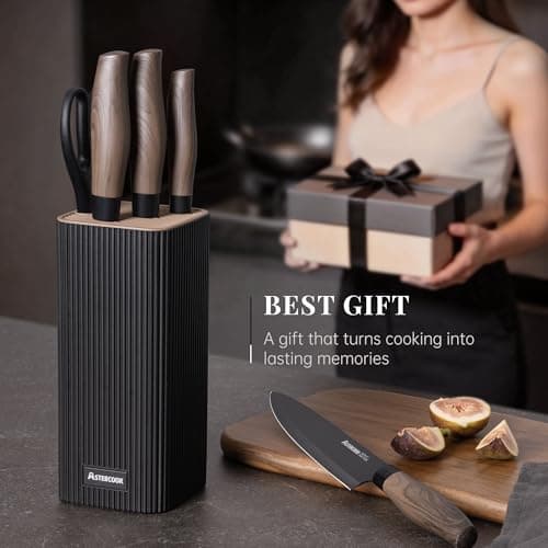 Astercook Knife Set, 6-Piece Kitchen Knife Set with Block, High Carbon Stainless Steel Ultra Sharp Kitchen Knives, Wood Grain Handle, Dishwasher Safe Knife Block Set, Black, Kitchen Utility Knives — view 8