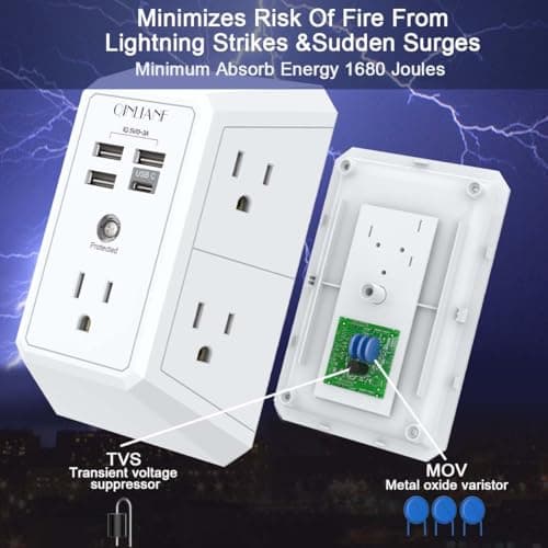 Wall Charger, Surge Protector, QINLIANF 5 Outlet Extender with 4 USB Charging Ports, 3-Sided 1680J Power Strip Multi Plug Adapter Spaced for Home Travel Office — view 5