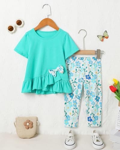 SOLOYEE Toddler Girl Clothes 2-7T Girls Outfit, Short Sleeve Ruffle Bowknot Top + Floral Capri Pants 2Pcs Spring Summer Set — view 5