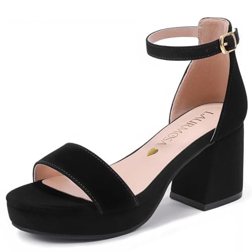 LAURMOSA Black Heels for Girls Dress Shoes Flower Girl Shoes Wedding Party Dress Sandals Platform High Heels for Kids Sandals Round Open Toe Block Chunky Pumps Size 2 Big Kid (CAL1038NuBlack 2)