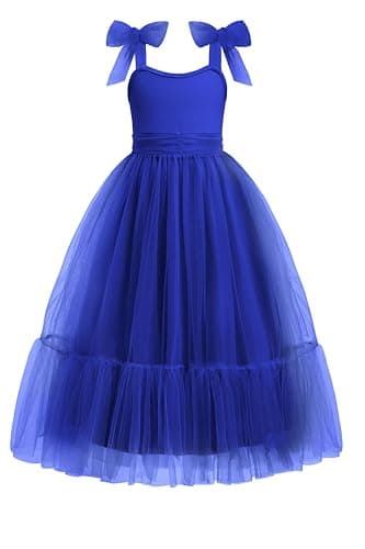 Arshiner Girls Dresses Summer Sleeveless Bow-Tie Straps Birthday Party Long Tulle Dress Royal Blue Tween 10-11 Years