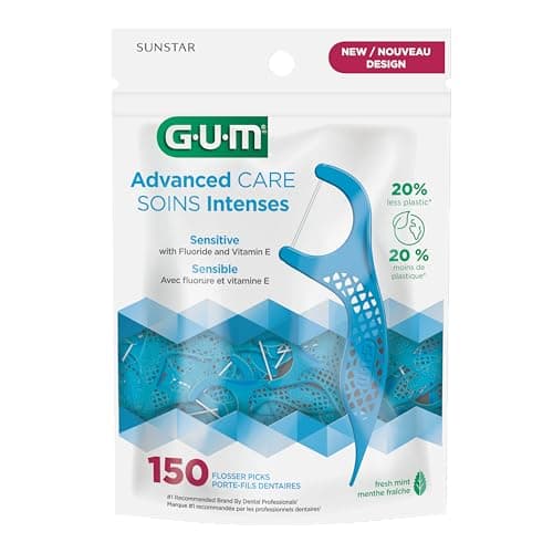 GUM Advanced Care Flosser Picks, Infused with Vitamin E & Fluroide, Fresh Mint Flavour, Blue, 150 Flossers (1 Bag)
