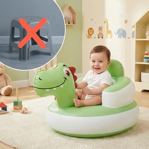 Etiin Inflatable Baby Seat 3D Dinosaur for 6-36 Months Baby Boys & Girls — Built-in Pump, Food-Grade PVC, Wide Anti-Tip Base, Portable Floor Chair, Blow Up Chair Sit Up Practice, Green