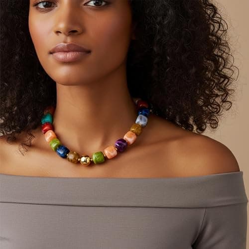 WOWORAMA Colorful Beaded Necklace for Women Trendy Colored Chunky Statement Necklaces Boho Large Square Resin Beads Choker Necklace Y2K Summer Jewelry — view 7