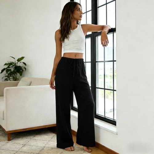 Linen Pants Women Wide Leg Pants Summer Fashion Clothing Palazzo Dress Pantalon Femme Business Casual Clothes Vacation Outfits Work Flowy Lounge Trousers Baggy Loose High Waisted Beach Black — view 5