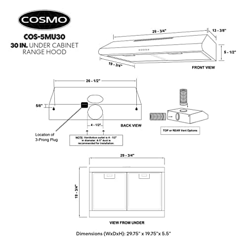 COSMO COS-5MU30 30 in. Delta Collection Ducted Under Cabinet Range Hood, Button Controls, Reusable Filters, LED Lights, Stainless Steel — view 4