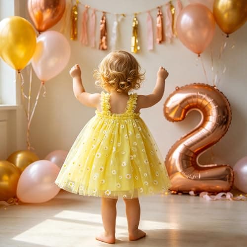 AGQT Baby Girls Daisy Tutu Dress Sleeveless Kids Tulle Birthday Party Dresses Casual Playwear Tunic Babydoll Dress Yellow Daisy-Lace Size 12-18 Months — view 5