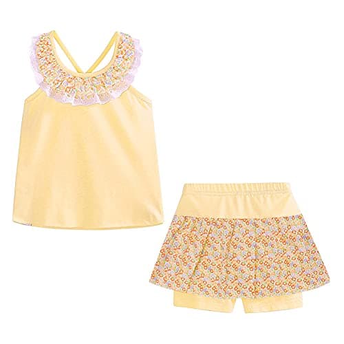 Mud Kingdom Toddler Girls Skorts Sets Cold Shoulder Sleeveless Backless Halter Lace Collar Floral Print 2 Piece Yellow 2T