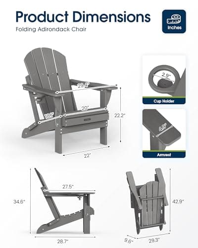 MUCHENGHY Folding Adirondack Chairs, Patio Chairs, Lawn Chairs, Outdoor Chair, Adirondack Chair Plastic, Fire Pit, Weather Resistant with Cup Holder for Deck, Backyard, Garden(Gray) — view 2