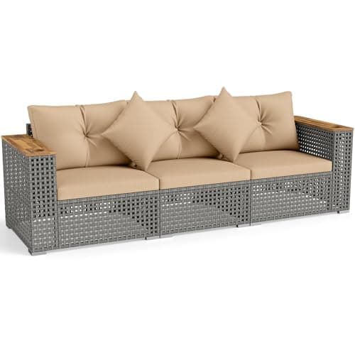 Tangkula 86.5" Large 3-Seat Patio Wicker Sofa, 3 Pieces PE Rattan Sectional Furniture Set with Cup Holder & Wood Armrest, Outdoor Couch with Armless & 2 Corner Sofas for Garden, Yard, Porch (Brown)