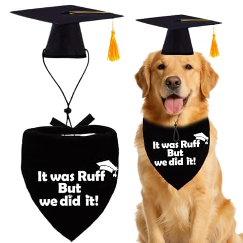 2026 Dog Graduation Bandana and Cap Set It was Ruff but We Did It Black Graduation Dog Outfits with Tassel Adjustable Graduation Cap for Small Medium Large Dogs Cute Pet Costume Photo Prop Cotton
