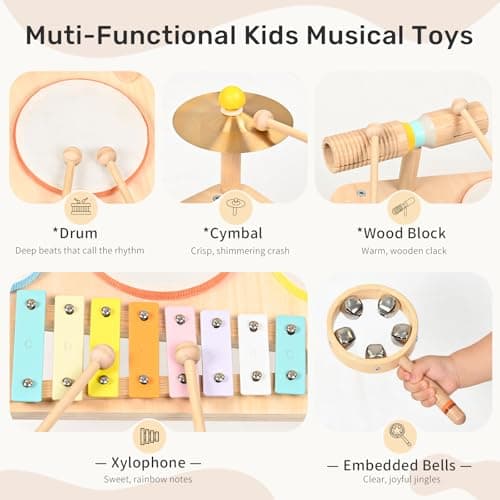 WINGYZ Kids Drum Set, 9-in-1 Wooden Musical Instruments with Xylophone — view 4