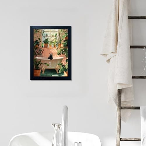 Framed Funny Bathroom Wall Art Green Plant Picture Bathroom Decor Bath Black Cat Canvas Print Poster Animal Bathtube Painting Artwork Maximalist Restroom Decor — view 4