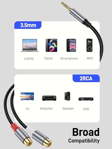 KAYQINHO 3.5mm to RCA Cable, 10 inch 3.5mm Auxiliary Male to 2RCA Female Stereo Audio Cord Connector for Smartphones, MP3, Tablets, Speakers, Home Theater, HDTV and More — view 3