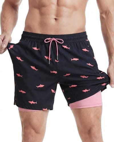 maamgic Mens Swim Trunks with Compression Liner 2 in 1 Swimming Shorts Stretch 5.5" Quick Dry Bathing Suits,Black Shark,Large