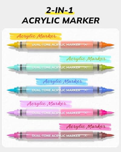 JusArt Acrylic Brush Markers, 96 Colors Brush Tip Acrylic Marker Set, 48 Dual-Tip Water Based No Bleed Markers with Automatic Ink Control for Wood, Rock, Fabric, Canvas, Glass, Eggs & DIY Crafts