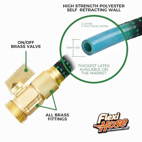 Flexi Hose with 8 Function Nozzle, 50FT - Lightweight Expandable Garden Hose, No-Kink Flexibility, 3/4 Inch Solid Brass Fittings and Double Latex Core - Black and Green — view 3