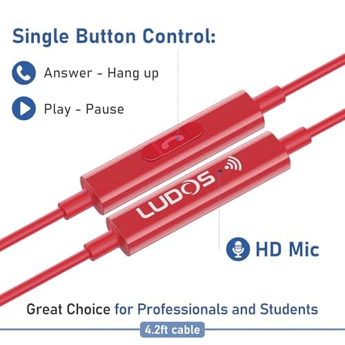LUDOS Zenith Wired Earbuds in-Ear Headphones, 5 Year Warranty, Earphones with Microphone, Corded for 3.5mm Jack Ear Buds for iPhone, Samsung, Computer, Laptop, Kids, School Students, Woman - Red — view 3