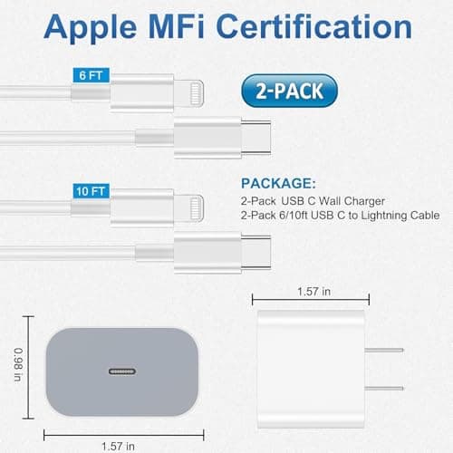 iPhone Charger Fast Charging 2 Pack Type C Wall Charger Block with 2 Pack [6FT&10FT] Long USB C to Lightning Cable for iPhone 14/13/12/12 Pro Max/11/Xs Max/XR/X,AirPods Pro — view 5
