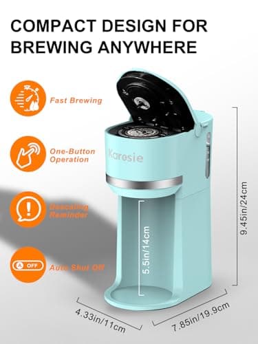 Karosie Single Serve Coffee Maker for K-Cup and Ground Coffee, Fast Brew, 6-12 oz Brew Sizes One Cup Coffee Machine Fits 5.5" Mugs, One-Button Small Coffee Maker with Descaling Reminder, Light Blue — view 5