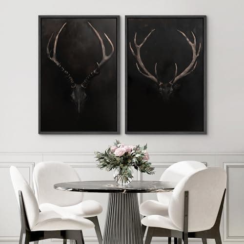 SIGNWIN Framed Canvas Print Wall Art Rustic Antler Skull Dark Dramatic Black Vintage-Inspired Deer and Elk Antlers Illustrations Decorative for Living Room, Bedroom, Office - 24"x36"x2 Black — view 2