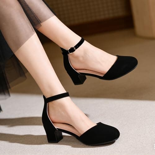 Wulubaba Girls Dress Shoes Closed Toe, High Chunky Kids Heels for Girls, Ankle Strap Wedding Party Pump Flower Girl Shoes, Nubuck Black Size 3 — view 2