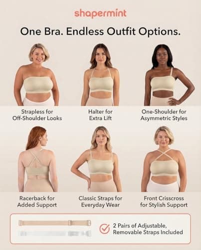 SHAPERMINT Convertible Strapless Bras for Women - Compression Wireless Bandeau Bra Top Beige — view 6