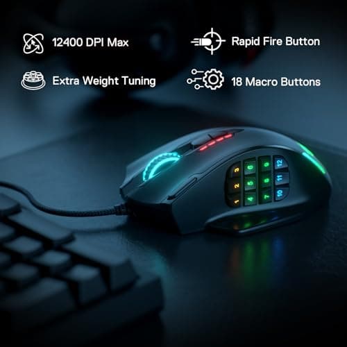 Redragon M908 Impact RGB Gaming Mouse, 12,400 DPI Wired Laser MMO Mouse with High Precision Actuation, 12 Macro Side Buttons and 16.8 Million Customized Breathing Backlight for PC/Laptop